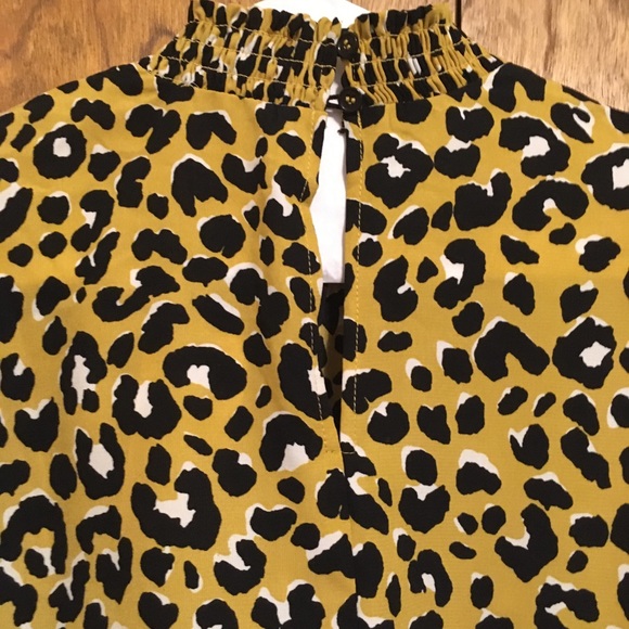 Leopard print crepe chiffon yellow long sleeve blouse ruffle turtleneck Melloday - Picture 4 of 6